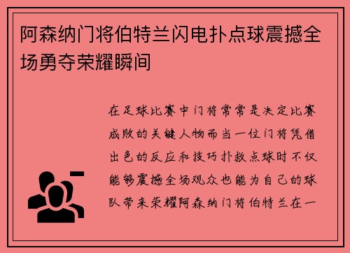 阿森纳门将伯特兰闪电扑点球震撼全场勇夺荣耀瞬间